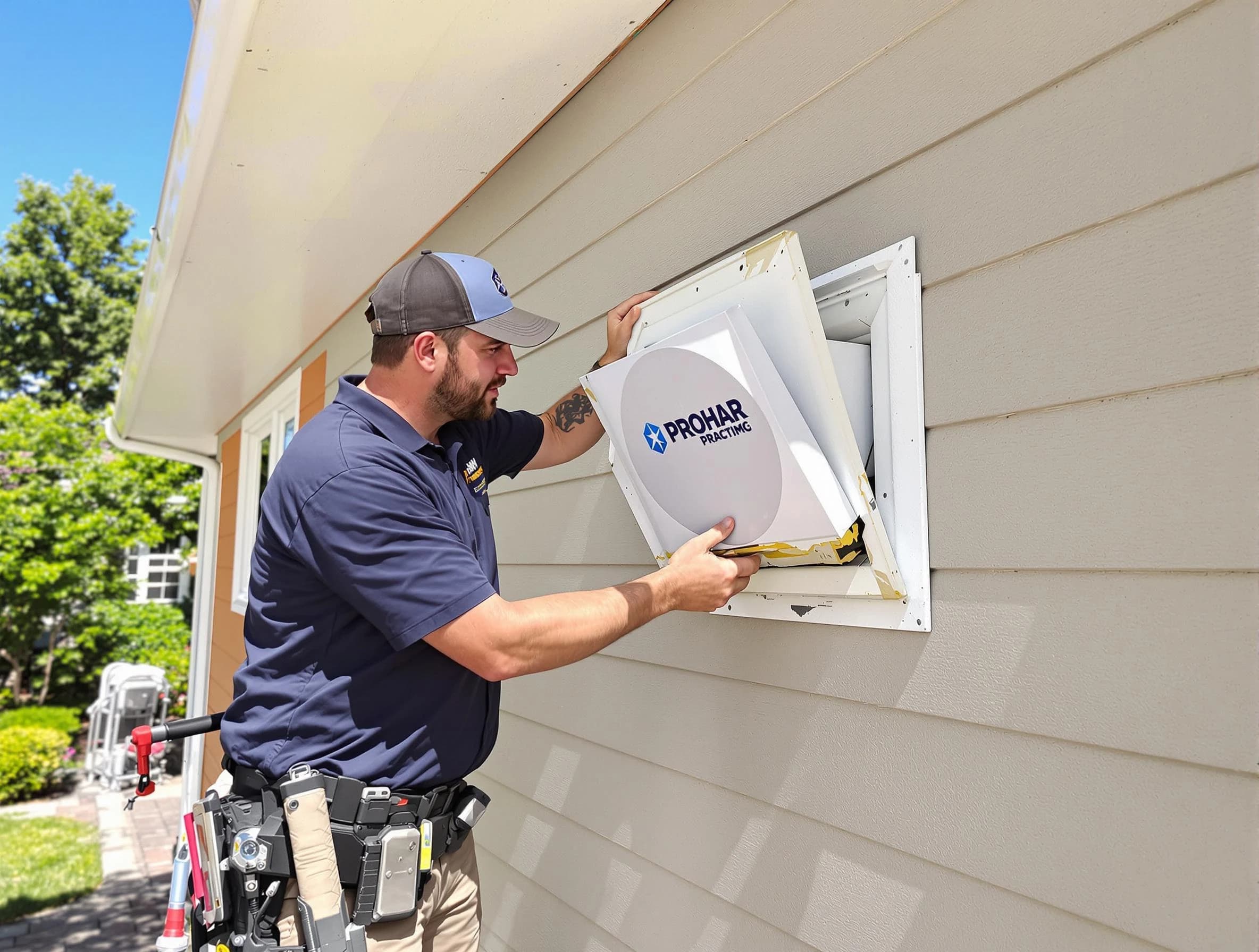Kennedy Dryer Vent Cleaning technician installing a new protective dryer vent cover on a home in Kennedy