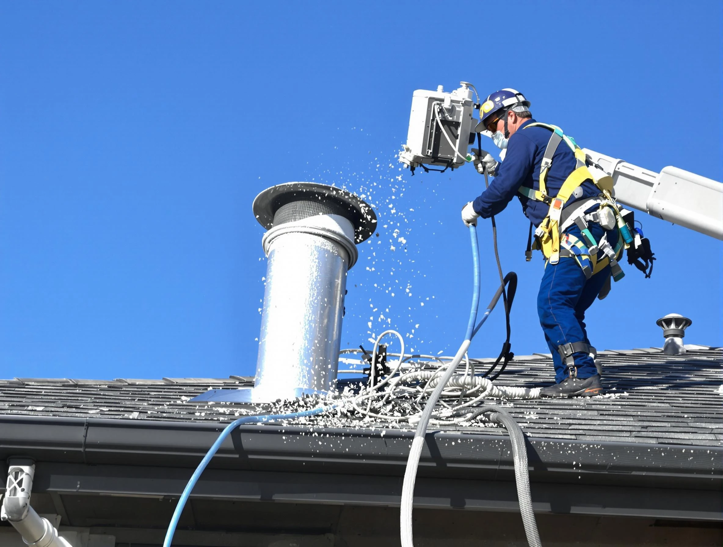 Kennedy Dryer Vent Cleaning certified technician safely cleaning a roof-mounted dryer vent in Kennedy